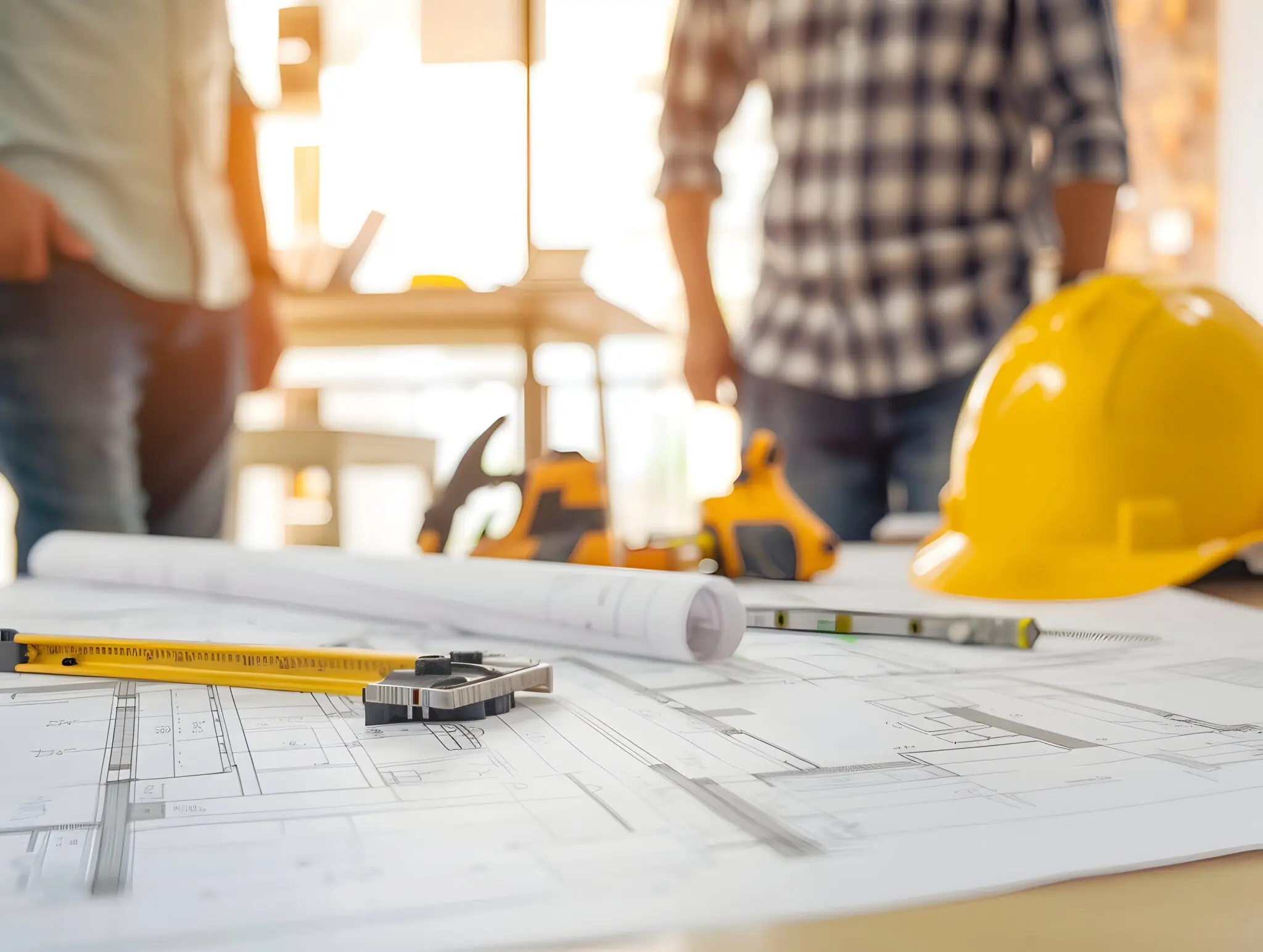 Planos de construcción sobre mesa con casco de seguridad y herramientas